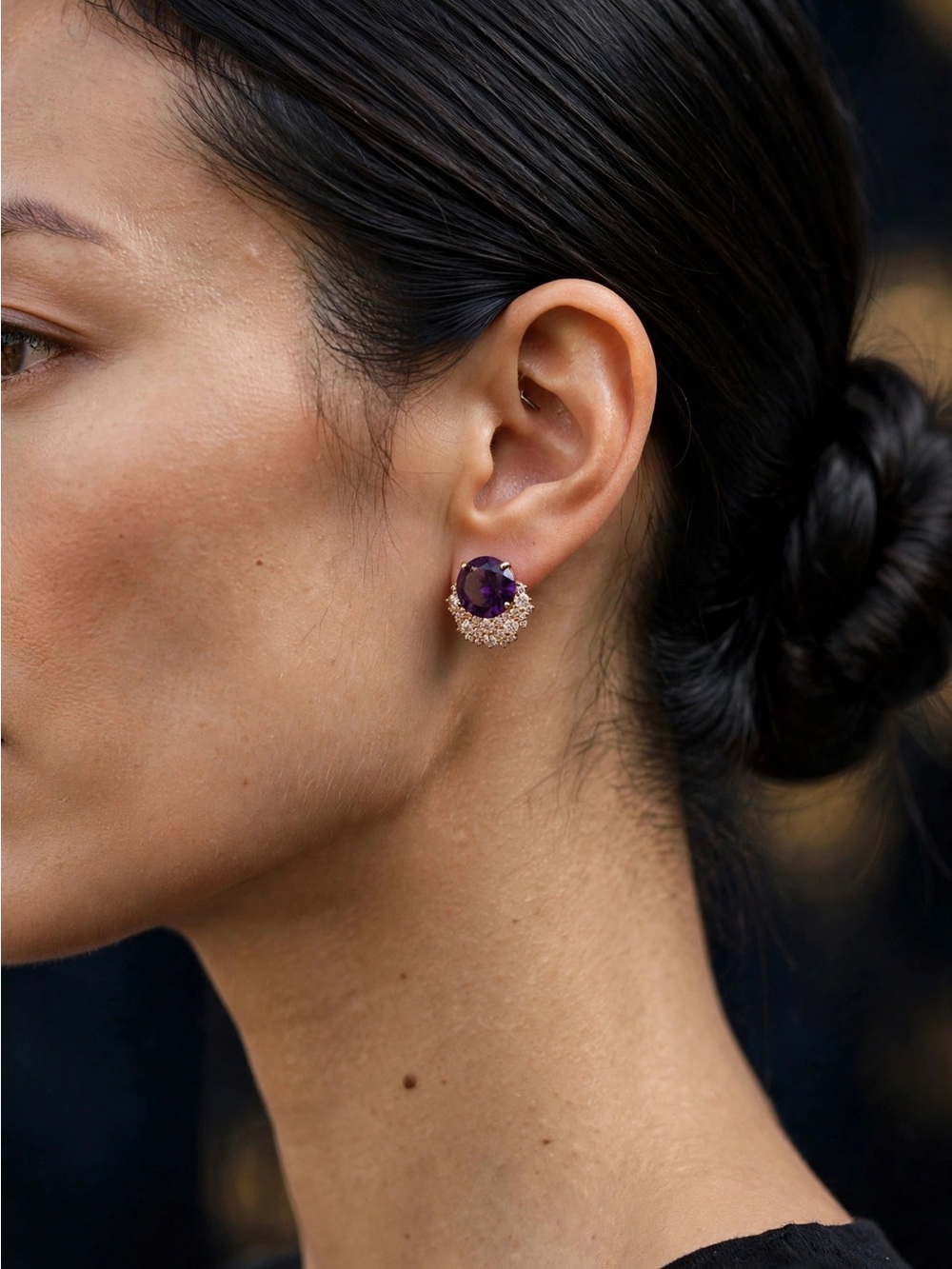 New Amimi Amethyst Stud Earrings | Gold Crystal Halo S925 E120